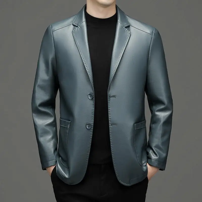 Men's Business Casual Leather Outwear High Quality Suit Collar Moto Biker Leather Jackets Man Solid Turn Down Collar Casual Coat