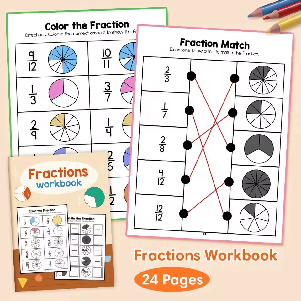 

Montessori Fractions Workbook Arithmetic Learning Teaching Aids Grade 3-4 Primary School Math Cognitive Training Test Book