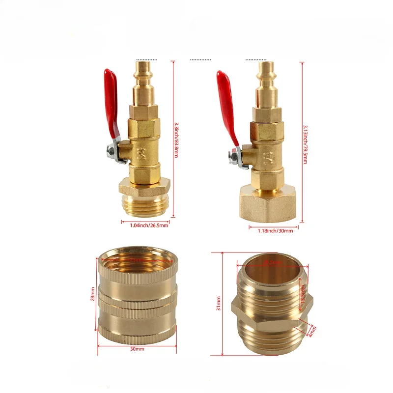 RV Threaded Brass Connector Set 1/4 with Ball Valve Garden Sprinkler Antifreeze Adapter Quick Connector