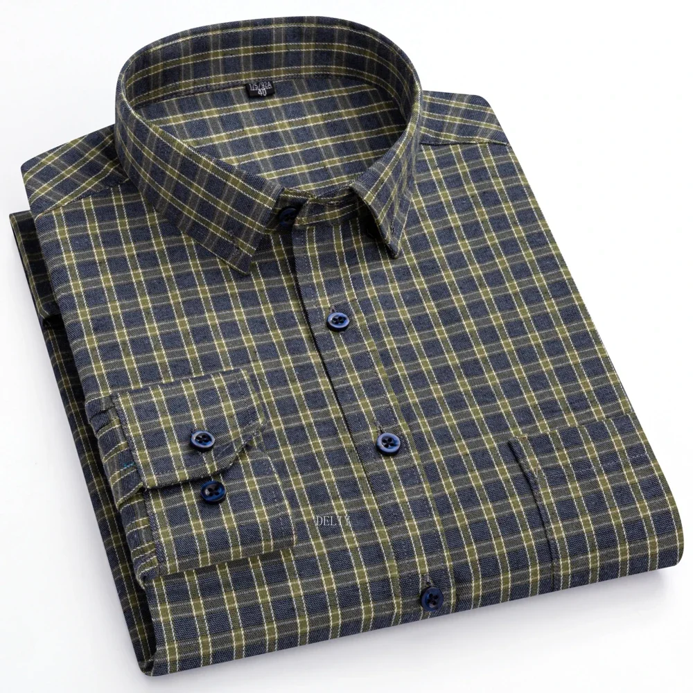 Men's  Brushed Shirt with Pocket Casual Plaid Striped Shirts 100% Cotton Flannel Standard Fit Long Sleeve  Plus Size