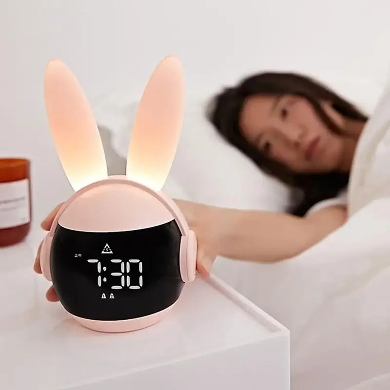 

Bunny Alarm Clock Rainbow LED Night Light Three Ways Wake Up Creative Kids Clock Long Battery Life Desk Decoration For Home