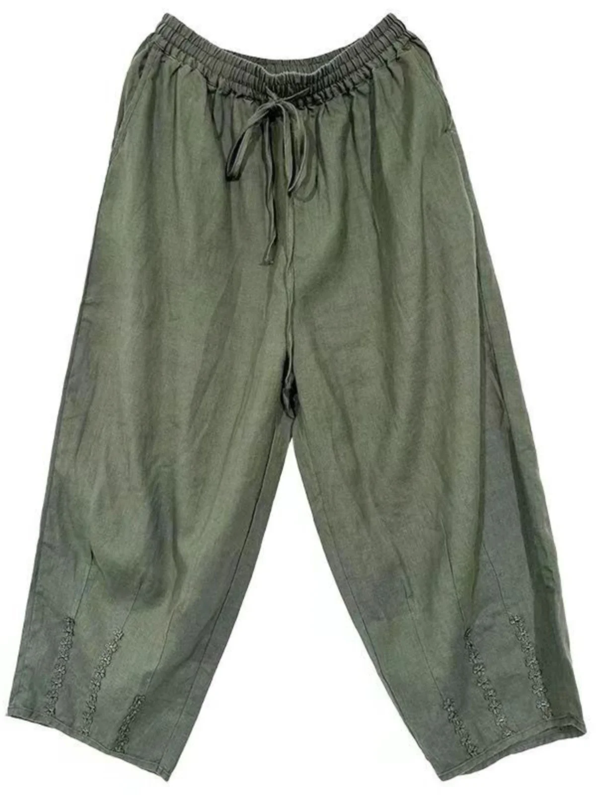 الفني لون نقي الدانتيل المرقعة القطن الكتان سراويلي حريمي الصيف حجم كبير المرأة عالية الخصر مربوط عادية سبعة أقدام السراويل