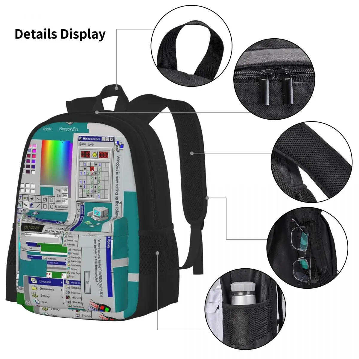 Windows 95 Mochilas Collage para Estudantes, mochilas escolares para meninos e meninas, mochila dos desenhos animados, lancheira, saco de caneta, conjunto de 3 peças