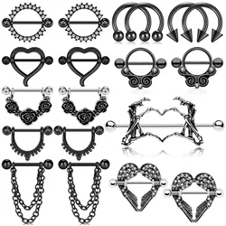 1 Pair Stainless Steel Punk Nipple Piercing for Women 14G Black Rose Flower Heart Nippie Ring Sexy Body Piercing Jewelry