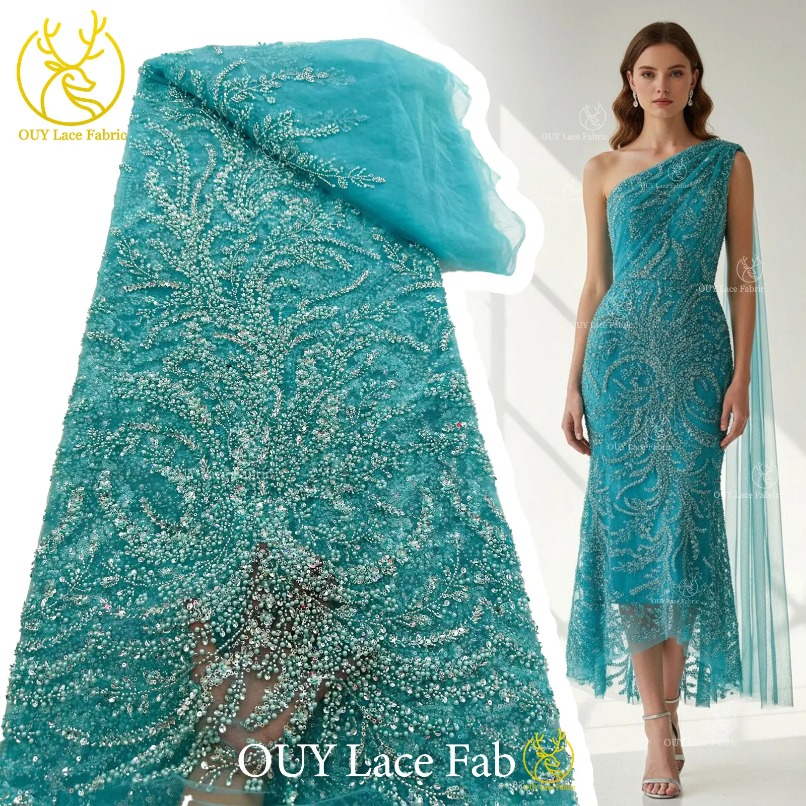 

African Beaded Lace Fabric 2026 High Quality French Sequins Groom Embroidery Lace Dress Fabric For Evening Dress Sewing 5 Yards