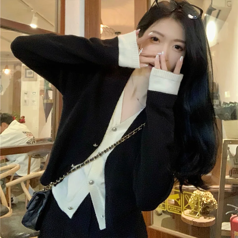 Autumn Winter Fashion Harajuku Fake Two Pieces Sweater Women All Match Female Clothes Casual Tops Long Sleeve Cardigan Outerwear