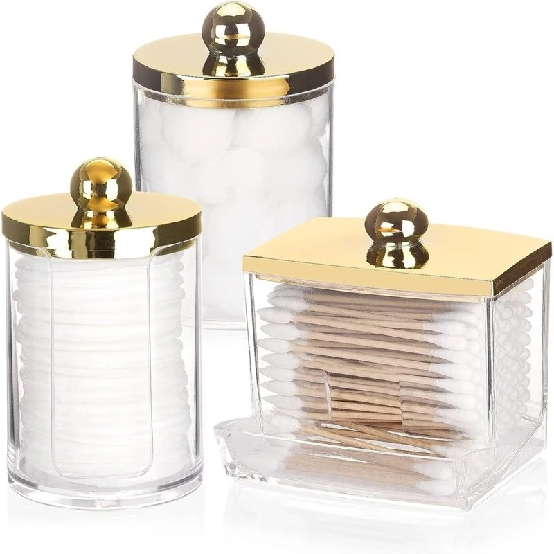 [B17B!】 Qtips Dispenser-3-Pack-Plastic Chemical Container With Gold Lids-Eco-Friendly Bathroom Organizer And Storage Solution