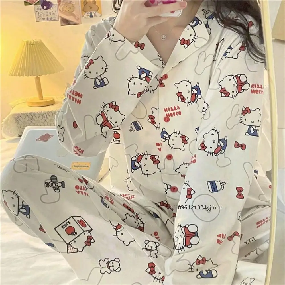 Hello Kitty 2Pcs Girl Pajamas Anime Sanrios Cinnamoroll Kawaii for Women Kt Cat Long Sleeve Tops Pants Loungewear Homewear Sweet