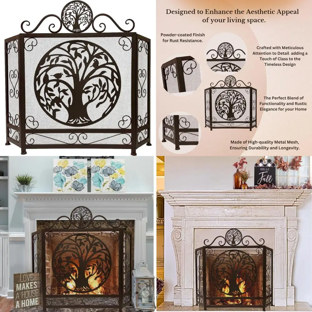 

Elegant Tree of Life Fireplace Screen - Brown Rustic 3-Panel Decorative Cover for Standing Fireplaces