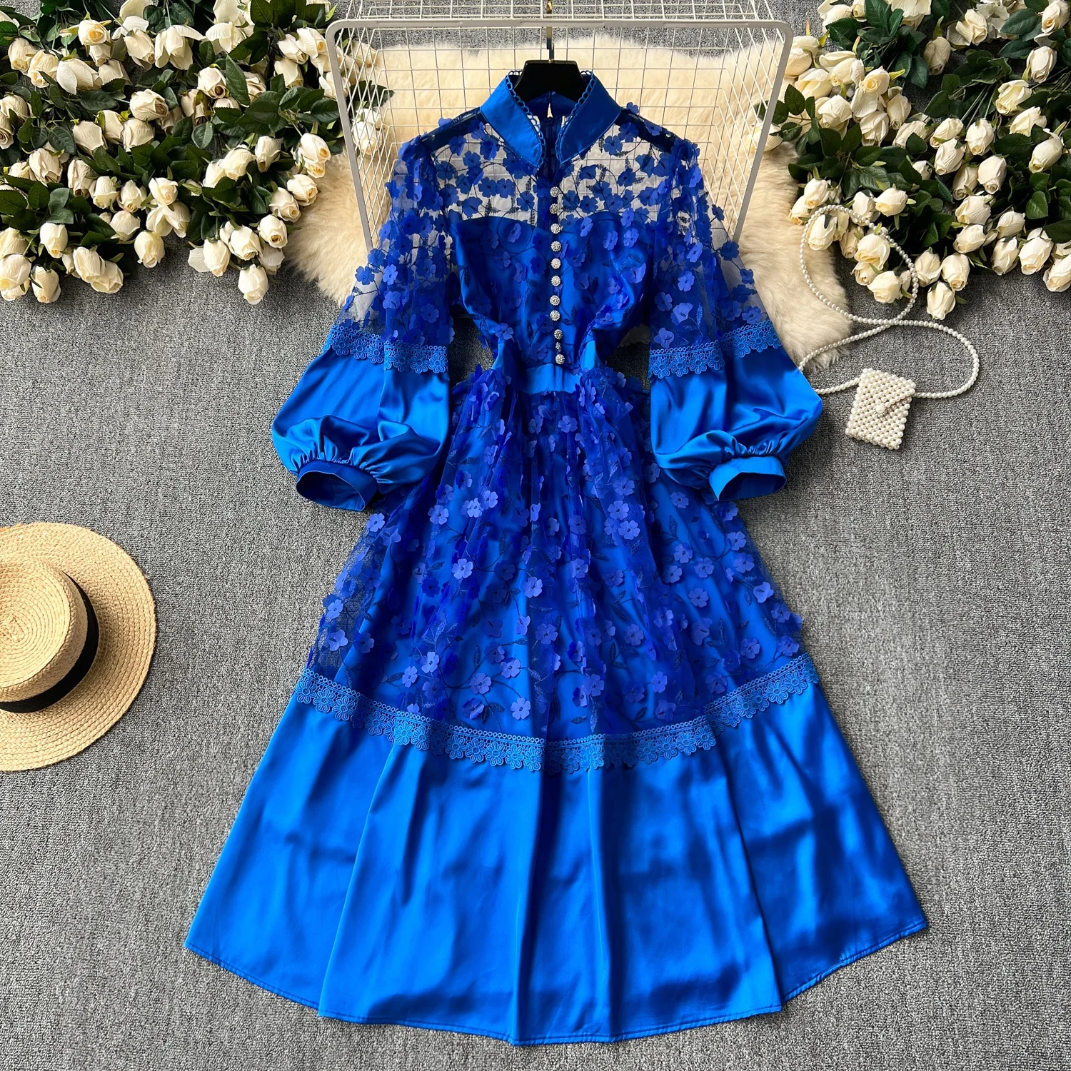 

Clothland Women Vintage Lace Midi Dress Zipper Long Sleeve Embroidery See Through Retro Mid Calf Dresses Vestido QD555