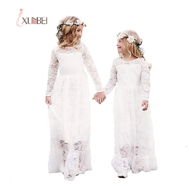 

Ivory Girls Flower Dress For Kids Child Floor Length White Lace Appqulies Robe Rustic Princess Boho First Communion Gowns Skirt