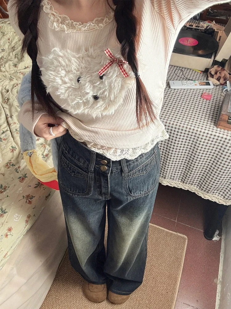 Vaqueros de pierna ancha con forro de Fce de cintura alta, pantalones vaqueros con corte en A para mujer, pantalones vaqueros de talla grande para otoño e invierno, adelgazantes para cuerpo de pera