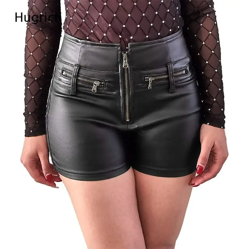 Women Black High Waist Faux Leather Shorts Front & Side Zipper Pocket Moto Biker Hot Pants