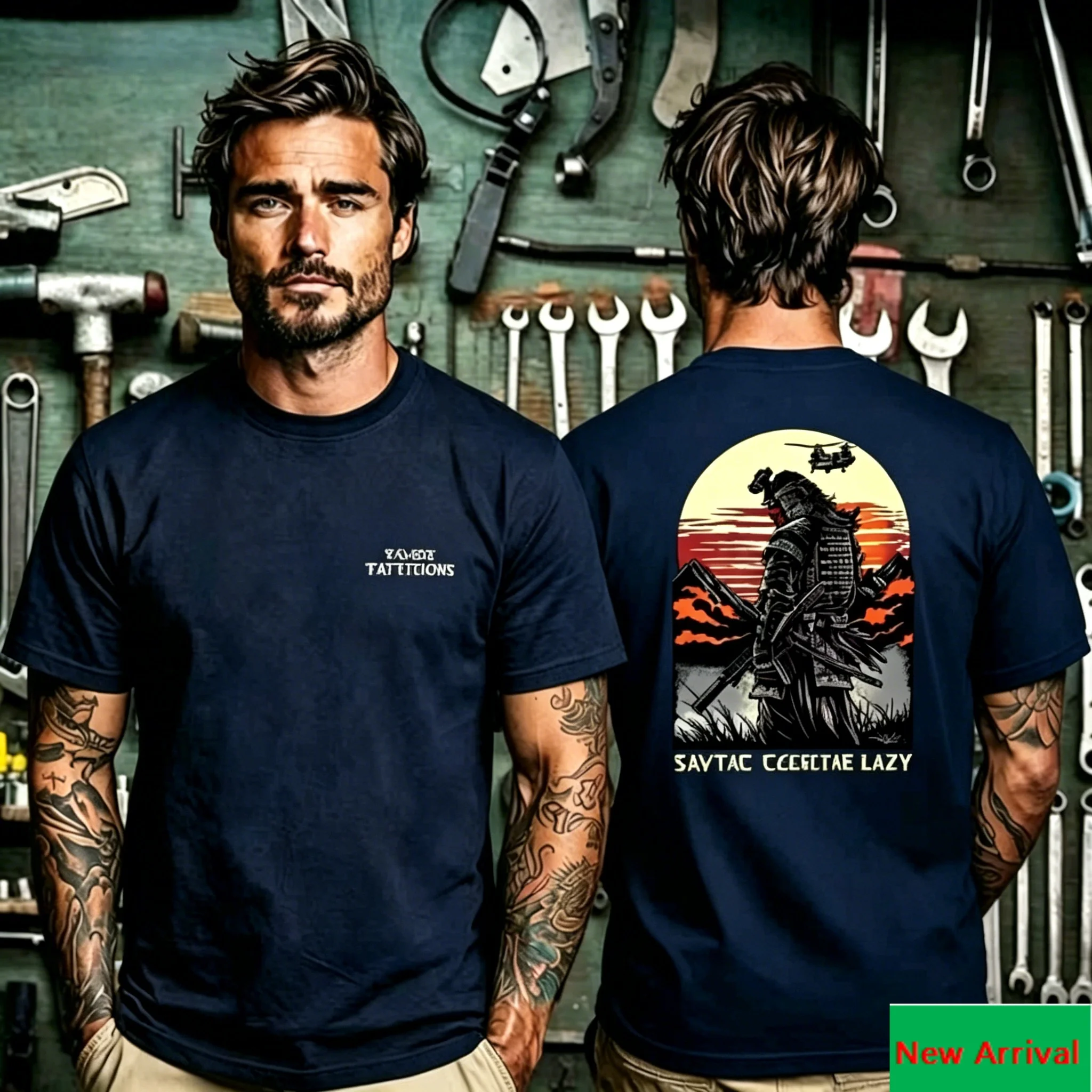 SAVTAC Samurai and Army Helicopter Double Sided Print T Shirt, Vintage Sunset Tactical Fusion Graphic, Unisex T Shirt