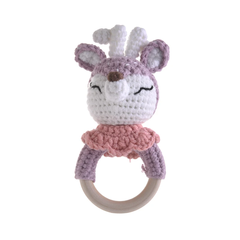 1Pcs Baby Teething Ring Food Grade Crochet Cartoon Animal Toy Wooden Teether Round Ring Bracelet For Baby Cot Hanging Rattle Toy