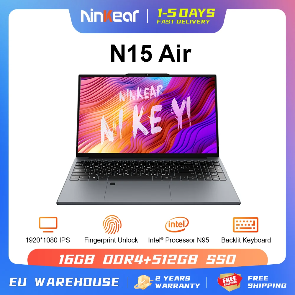 Ninkear N15 Air laptop Intel N95 15.6' FHD IPS 16GB DDR4 512GB SSD Backlit Keyboard Fingerprint unlock Notebook