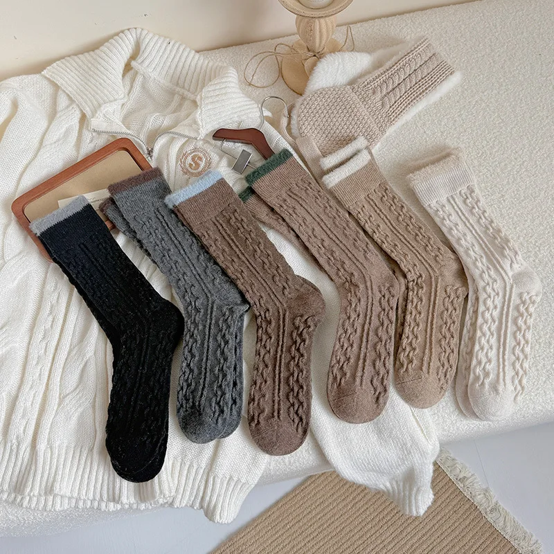 Wool Socks Women Autumn and Winter Thickened Warm Long Socks Contrasting Color Twist Pattern Thermal Retro Medium Tube Socks Sox