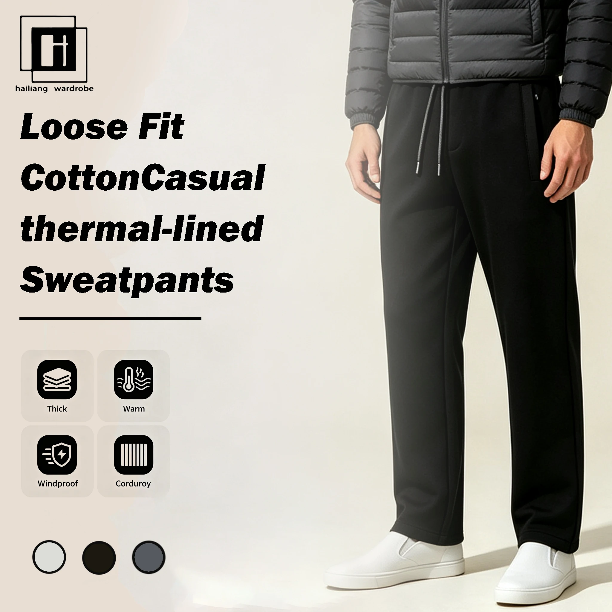 Men Winter Fleece Lined Straight Sweatpants Drawstring Waist Zipper Pocket Loose Warm Casual Trousers 3D Cutting Joggers
