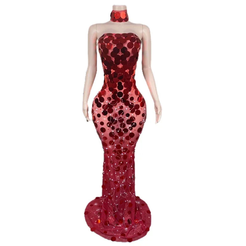 Full Rhinestones Evening Dresses Women Red Mirrors Pearls Dress Singer Party Celebrate Stage Costume Festival Outfit