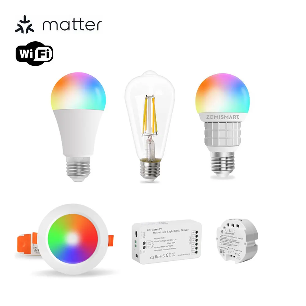 Zemismart Matter Over WiFi Led Light Bulb RGBCW Led Strip Light Driver Led Filament Bulb Matter Downlight 2 Gang Inline Switch