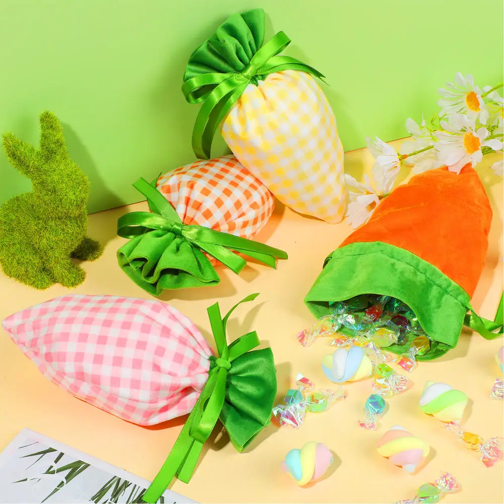 2025 Easter Velvet Gift Bag Carrot Velvet Drawstring Bag Basket Candy Bags for Party Decorations Cookie Snack Bag