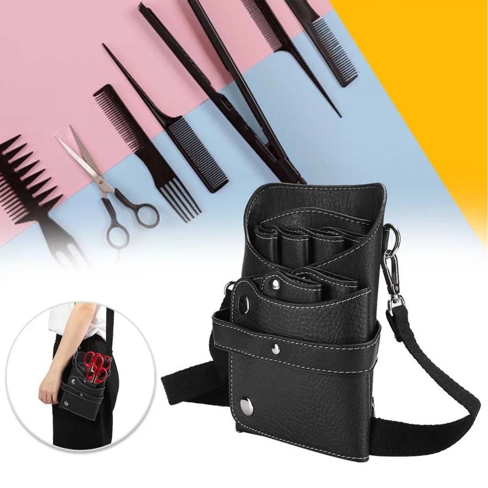 PU Leather Barber Scissors Waist Bag Multi-Compartment Professional Hairdressing Tool Storage Bag Durable Black Color