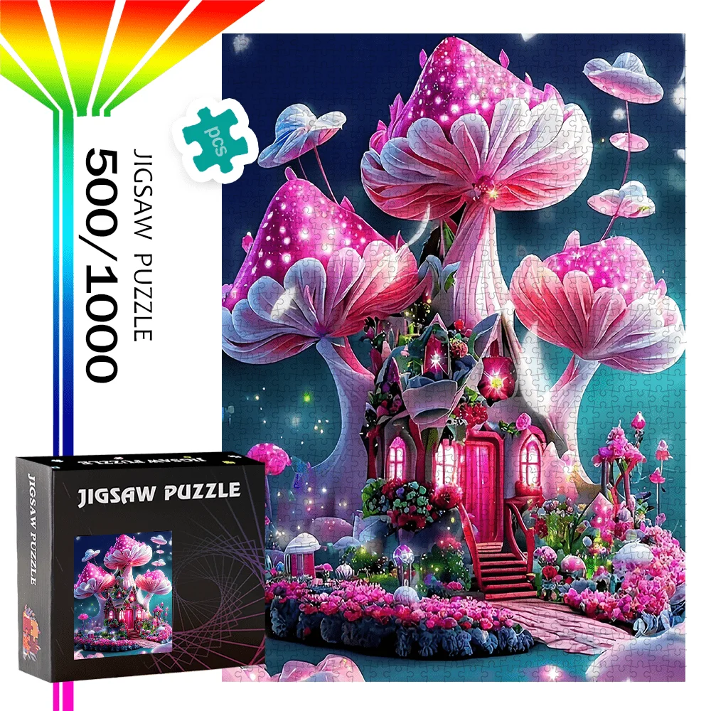 จิ๊กซอว์บ้านเห็ดมหัศจรรย์ 500/1000 ชิ้น - บ้านเรืองแสงและป่าเรืองแสงในยามค่ำคืน พร้อมเห็ดสีชมพูและสีขาว