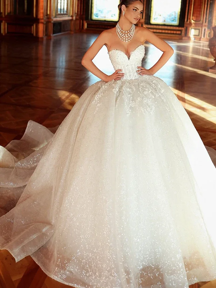 Flavinke Aangepaste Trouwjurken Kralen Organza Borduursel Baljurk Prinses Strapless Mouwloze Bruidsjurken Lace Up