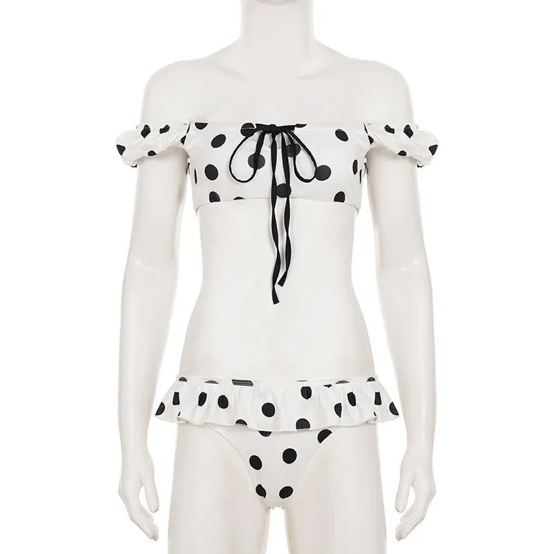 Costume da bagno bikini vintage a pois da donna con spalle scoperte e volant, due pezzi slim fit sexy Pure Desire, abbigliamento da spiaggia estivo