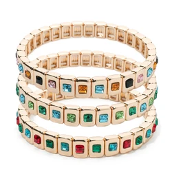 2024 New Fashions Gold Color Enamel Inlaid Rhinestone Bracelet for Women 6*8mm Square Bead Elastic Bangle Women Jewelry Gift