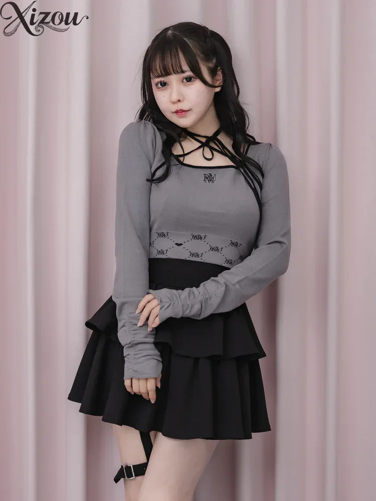 

Женские топы в стиле Лолиты, вязаный тканый галстук с ремешком на плечах, длинный рукав, бант на шнуровке, облегающий кардиган, пуловер, футболки, весна-осень