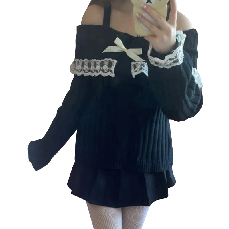 Ładne urocze stroje Harajuku Cosplay sweter Kawaii koronkowe wykończenia swetry z odkrytymi ramionami Y2K estetyczne Vintage swetry z długim rękawem