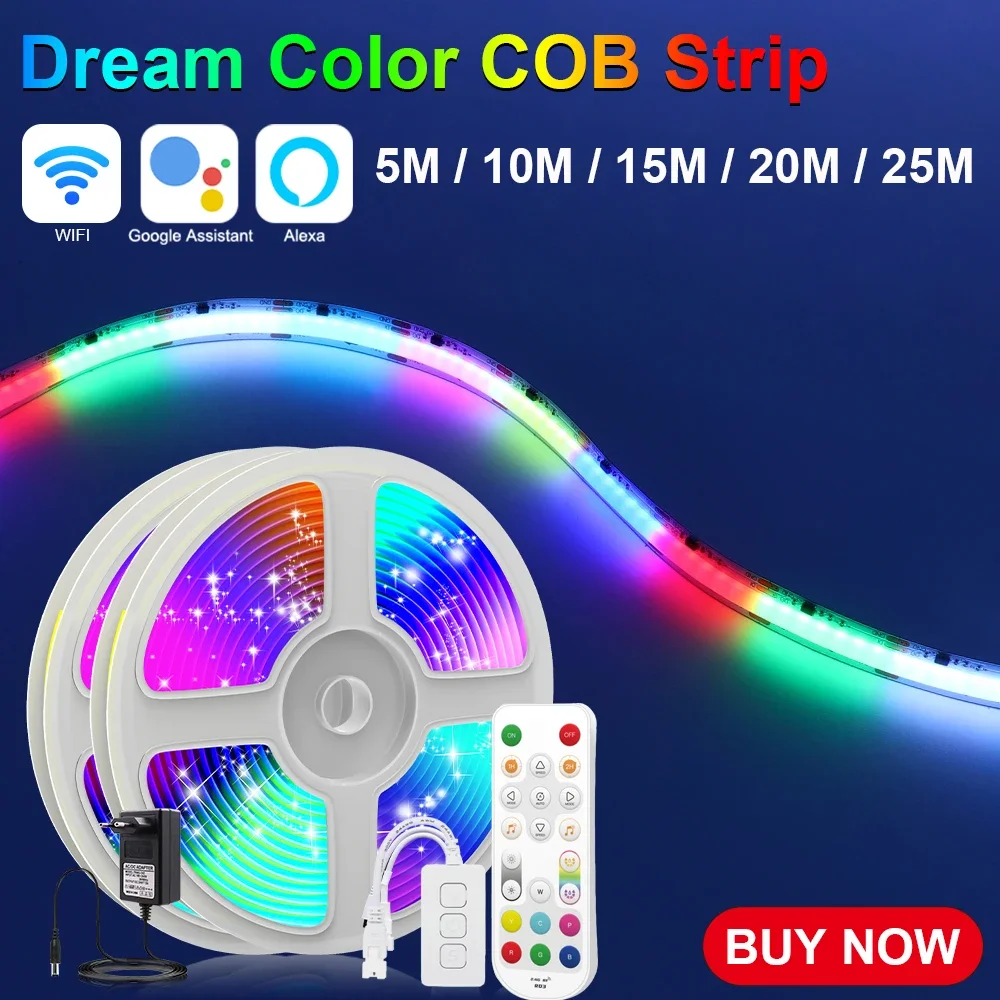 

WIFI RGBIC COB LED Strip RGB Addressable Flexible Ribbon Pixel Full Dream Color LED Tape WS2811 LED Strip Light Kit 5M 10M 20M