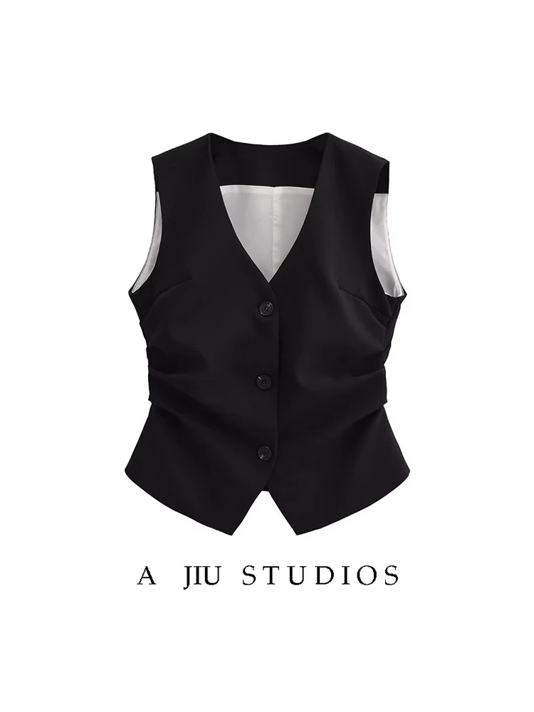 

Ele Vintage Sle Vest Jaet Slim Fit Svel V-Ne Busin Casual Pure Color Button Detail Workwear Outerwear
