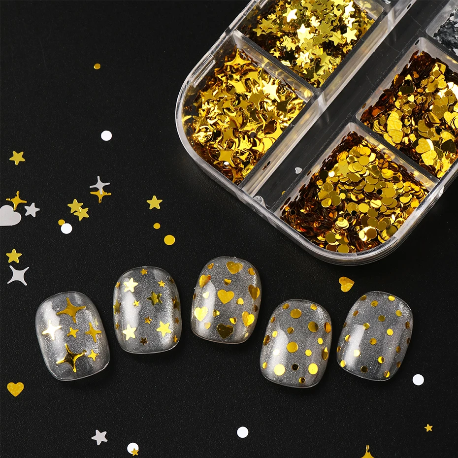 12 شبكة من الترتر اللامع لتزيين الأظافر بأشكال قلوب ونجوم ذهبية وفضية وسوداء وبيضاء ونقاط صغيرة لتزيين الأظافر بنفسك