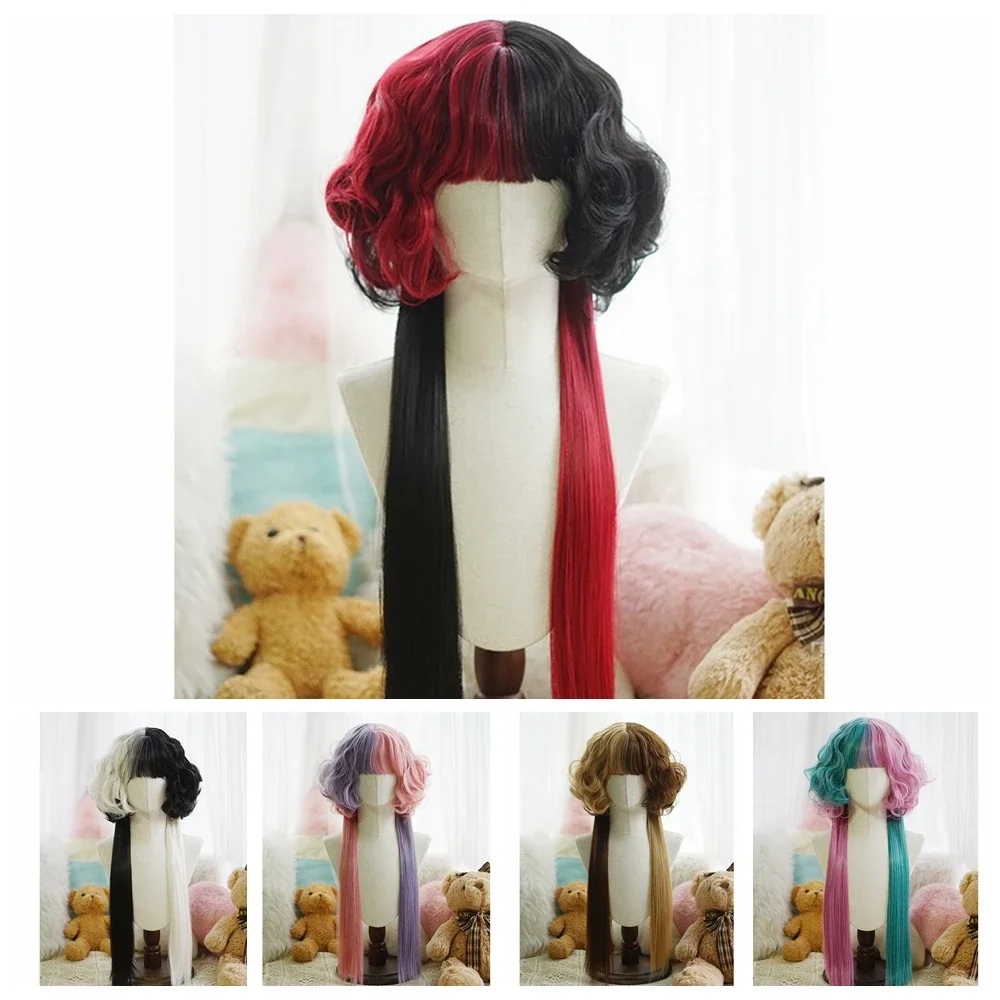 Black Pink Two-Color Yin Yang Head Wavy Jellyfish Head Wig with Bangs Synthetic Natural Long Hair Cosplay Lolita Layered Wig