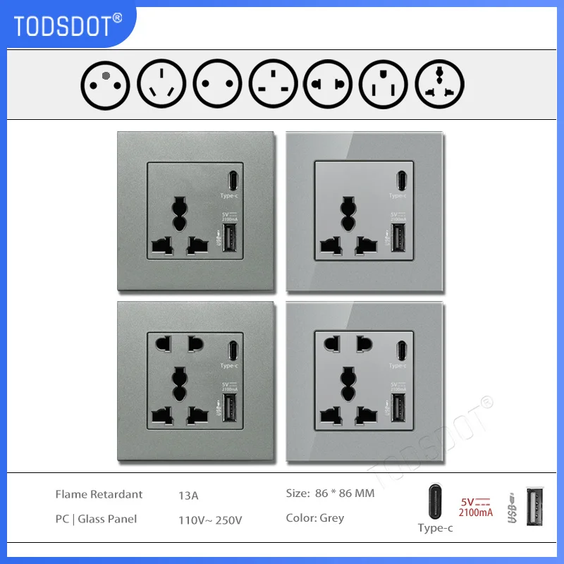 TODSDOT Electrical Universal Socket Grey Panel Support 10+ Plug Types C USB 2.1A Fast Charge Outlet Flame Retardant UL V-0