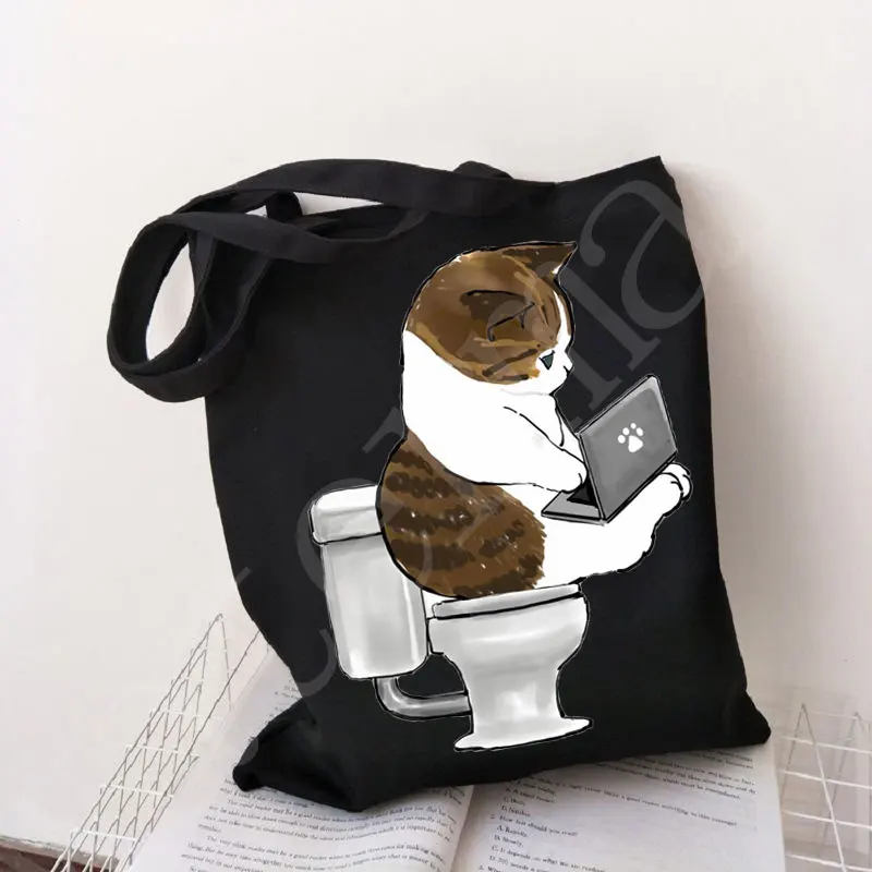 Bolsa de compras Cat para mulheres, bolsas personalizadas de tecido, bolsas shoping, bolsas de ombro de lona, logotipo personalizável