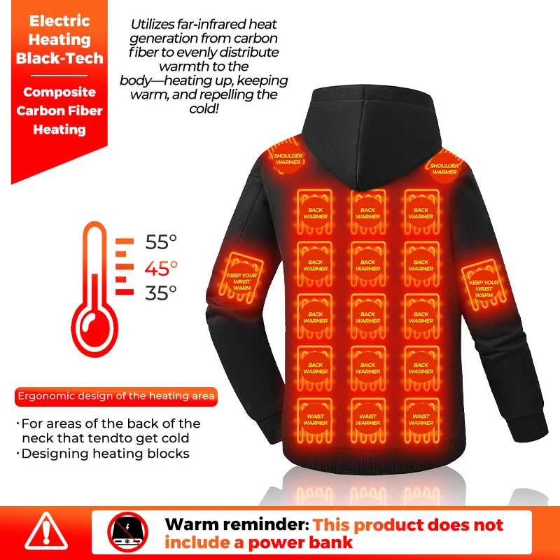 26-Zonen-Heizjacke, USB-elektrisch beheizter Hoodie, 3 Temperaturstufen, Winter-Wärmejacke, Outdoor-Ski- und Wanderbekleidung, Unisex – Detail 4