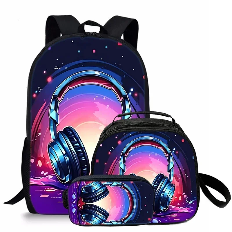 

Headphone Pattern Three Piece Set Backpacks for Boy and Girls Best Gifts 3D Cartoon School Backpack for Children