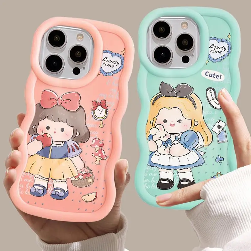 Luxury Disney Princess Alice Snow White Macaron Waves Phone Case for iPhone 15 14 13 12 11 pro Max XS XR X 7 8 plus Candy Cover