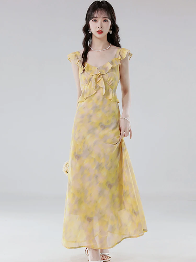 Robe longue en mousseline de soie, Style plage, florale, Maxi, élégante, Chic, à volants, écharpe, Sexy, coréenne, moulante, robe de soirée, été, 2025