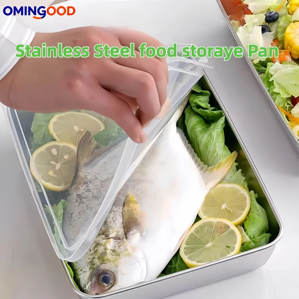 Caja de almacenamiento de alimentos cubierta rectangular de acero inoxidable engrosada, plato de comedor comercial, contenedor de caja bento para preservación del hogar