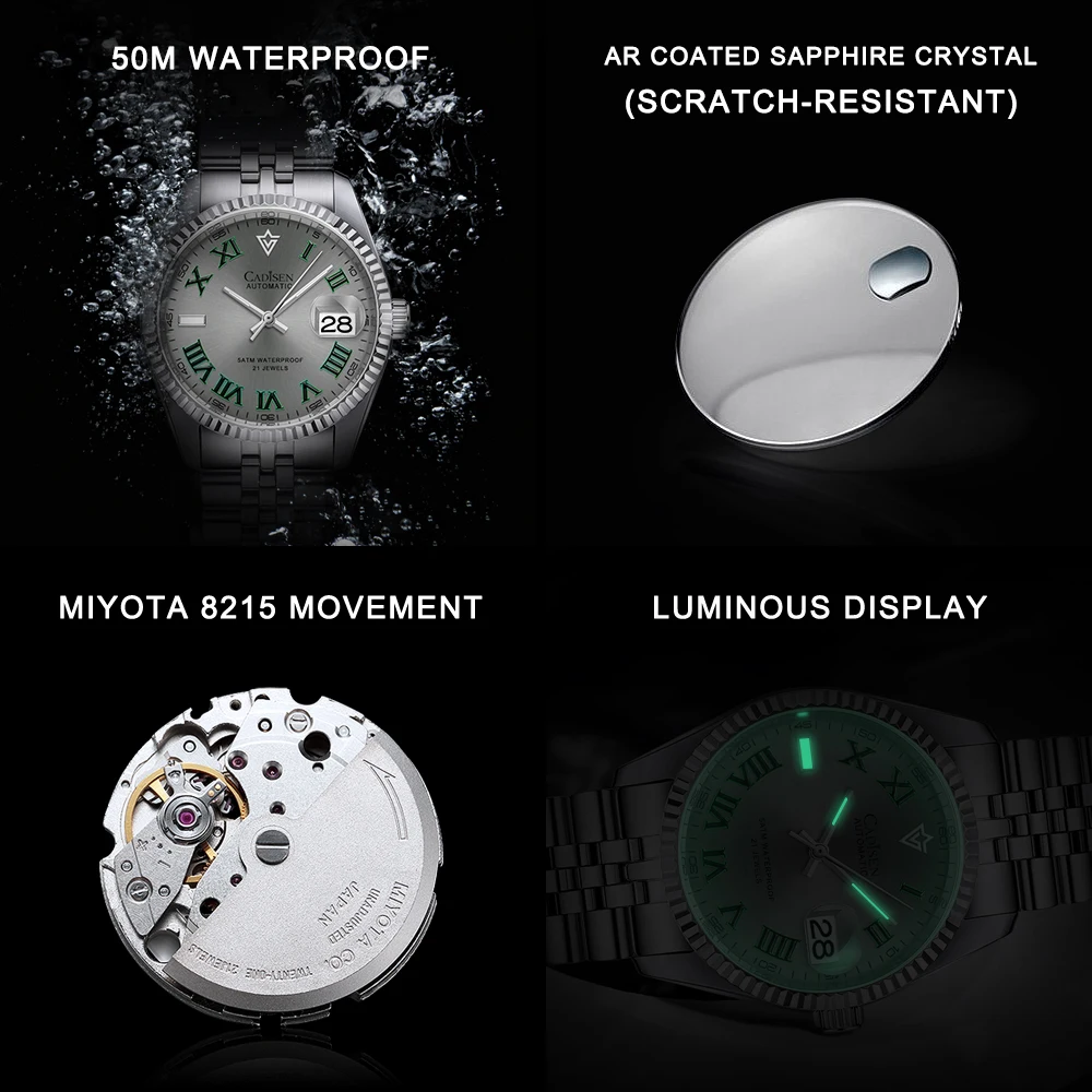 Cadisen 38mm relógio mecânico automático masculino luxo ar safira vidro resistente à água de aço inoxidável miyota 8215 reloj hombre