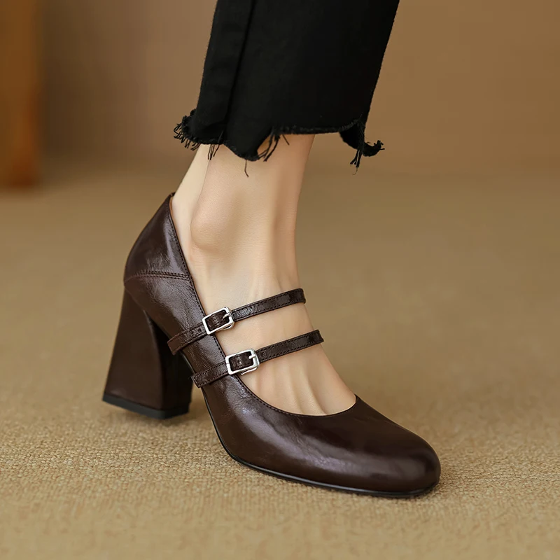 

Women's 2024 Shoes Retro Cozy Thick Heels Spring Autumn Buckle Pumps Simple Shoes On Heel 8CM Korea Style Sheepskin Pumps