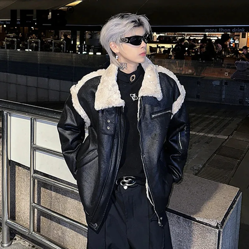 IEFB High Street Men\'s Jackets PU Leather Lamb Wool Patchwork Turn-down Collar Thickened Loose Streetwear Male Coats New 9C8333