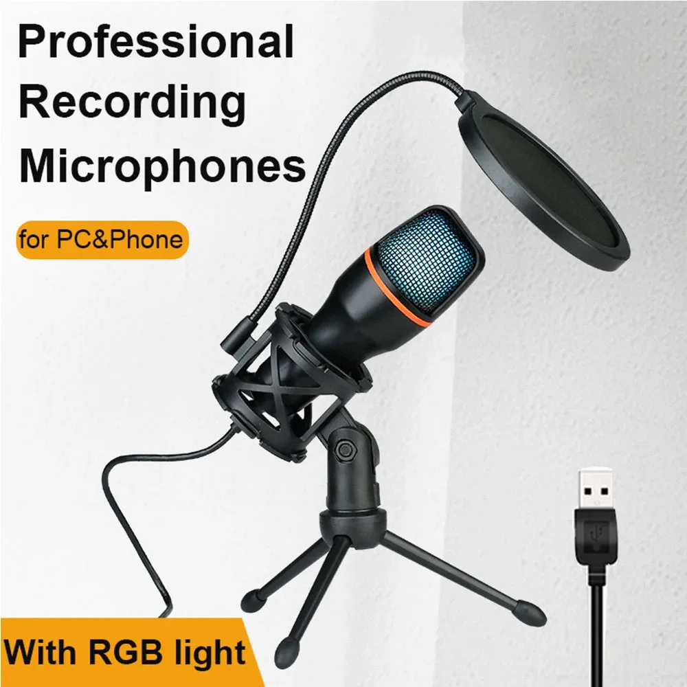 USB Condenser Microphone RGB Desktop Recording Microphone for PC Laptop Live Streaming Video Games for YouTube Podcasts Vocals