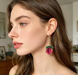 Vedawas Artistic 3D Rose Drop Earrings with Enamel Petals and Green Leaves for Elegant and Bohemian Women