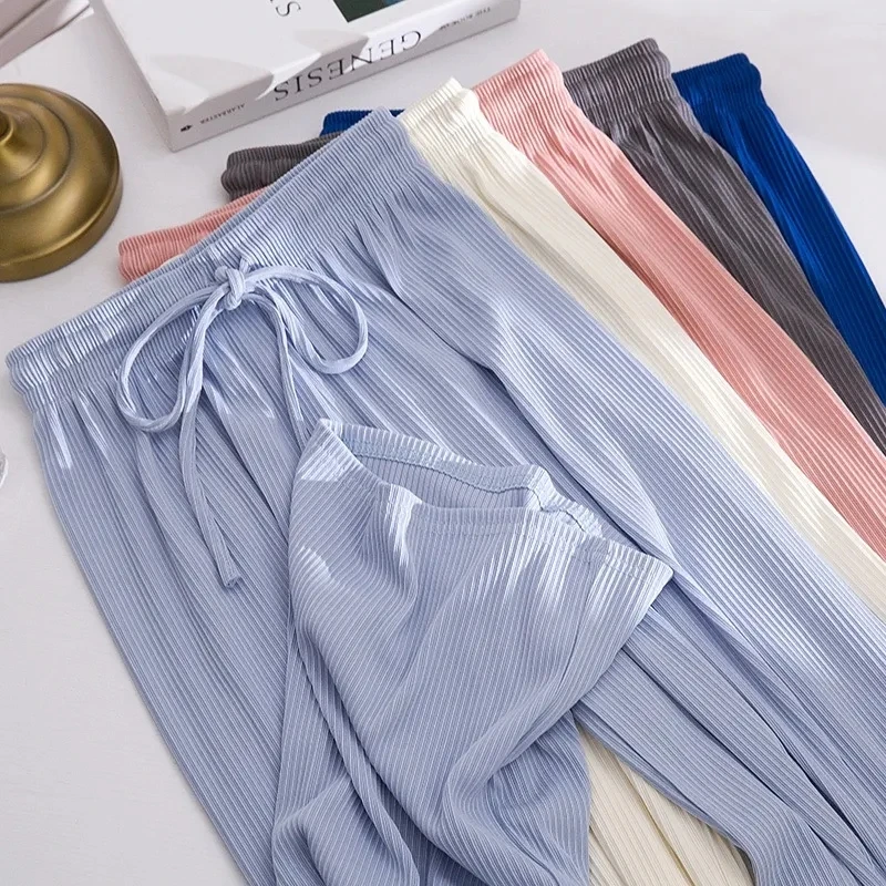 

2024 Fashion Loose Six-color High-waist ice Silk Wide-leg Pants Temperament Women's High-waist Casual Pants in Spring and Summer