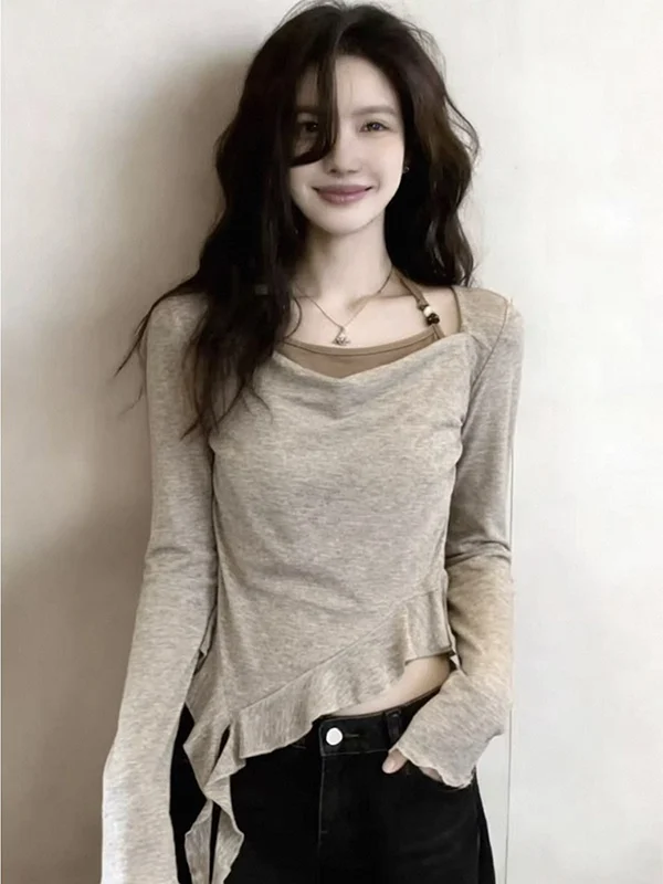 

Spring Summer Long Sleeve Women's T-shirt Irregular Hemline Neck Hanging Shoulder Fit plus Size Korean Style Commute Fashion